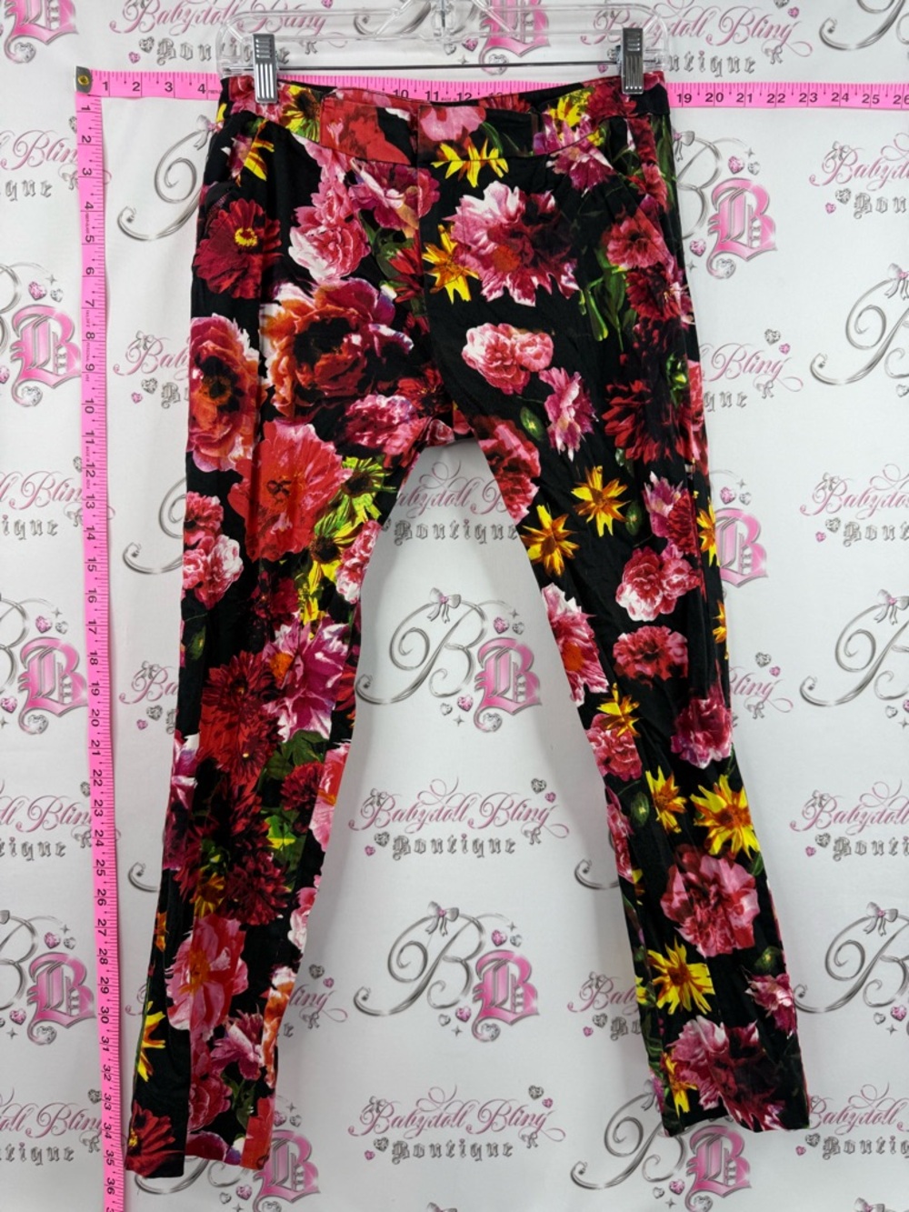 ECI pants tights flowers Black Leggings with Pink, Yellow & Green Floral Print